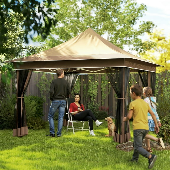 Outsunny 12 x 12 ft. Pop Up Canopy Tent with Mesh Netting, Height Adjustable, UPF50+ Instant Sun Shelter, Beige