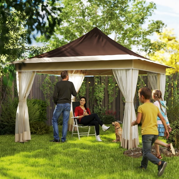 Outsunny 12 x 12 ft. Pop Up Canopy Tent with Mesh Netting, Height Adjustable, UPF50+ Instant Sun Shelter, Brown