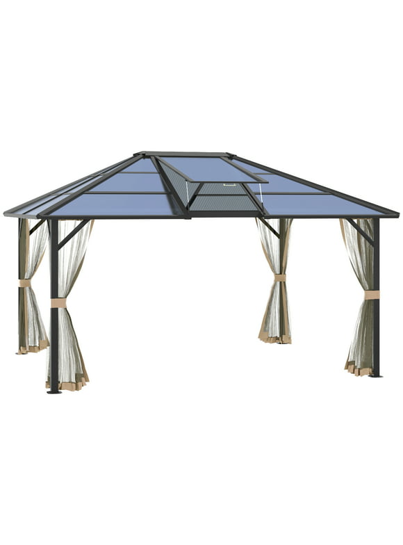 Outsunny 12' x 14' Hardtop Gazebo Canopy with Polycarbonate Roof, Aluminum Frame, Permanent Pavilion Outdoor Gazebo with Netting, for Patio, Garden, Backyard, Deck, Lawn, Gray
