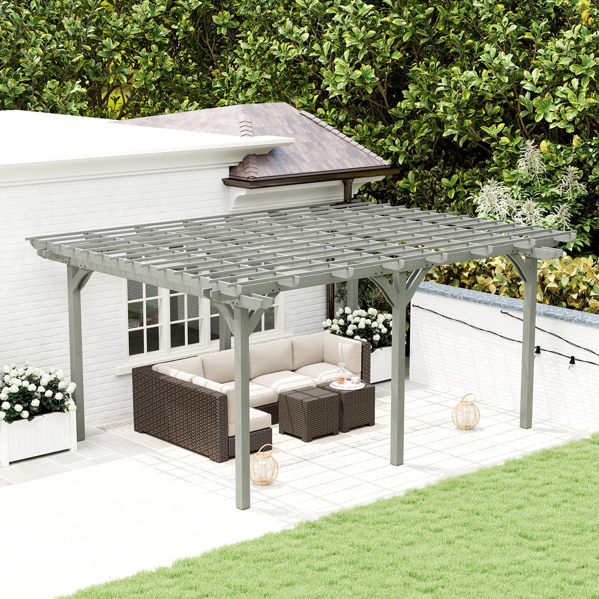Gray Fir Wood Outdoor Pergola with Triple-Level Canopy