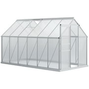 Outsunny 12' x 6' x 6.5' Polycarbonate Greenhouse with Aluminum Frame, Walk-in Heavy Duty Greenhouse with Adjustable Roof Vent, Rain Gutter and Sliding Door for Winter, Silver