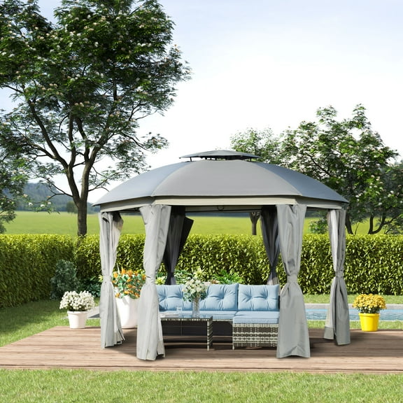 Outsunny 12' x 12' Round Outdoor Gazebo, Patio Dome Gazebo Canopy Shelter with Double Roof, Netting Sidewalls and Curtains, Zippered Doors, Strong Steel Frame, Grey