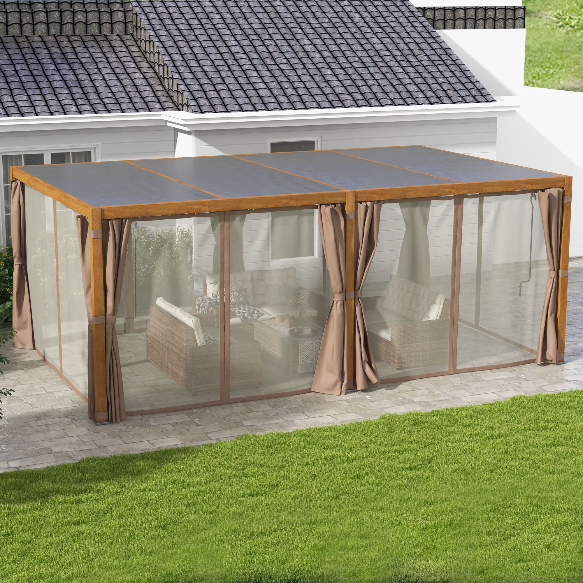 Natural Brown Aluminum Pergola with Adjustable Louvered Roof and Curtains