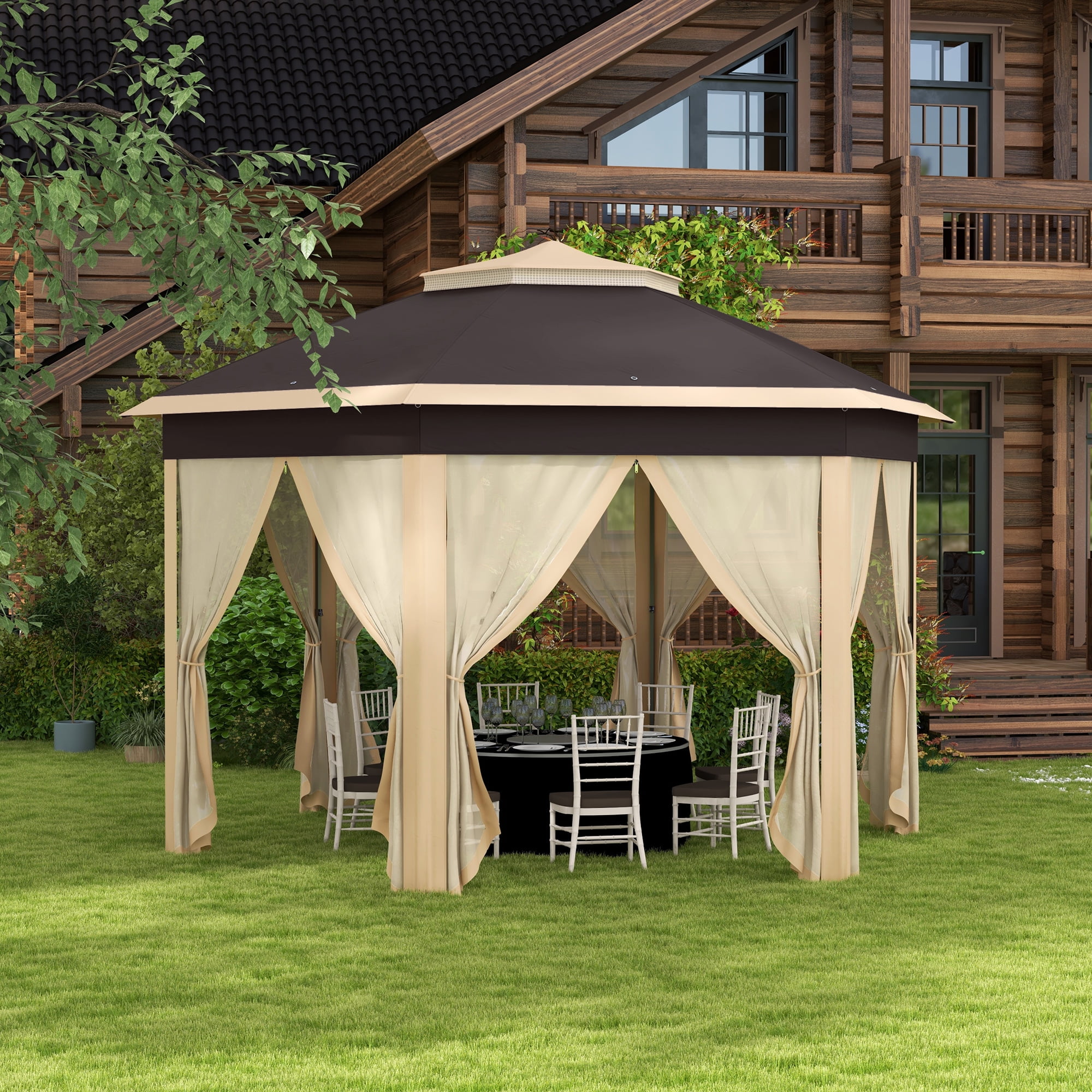 Beige Hexagonal Pop-Up Gazebo with Mesh Netting and Steel Frame