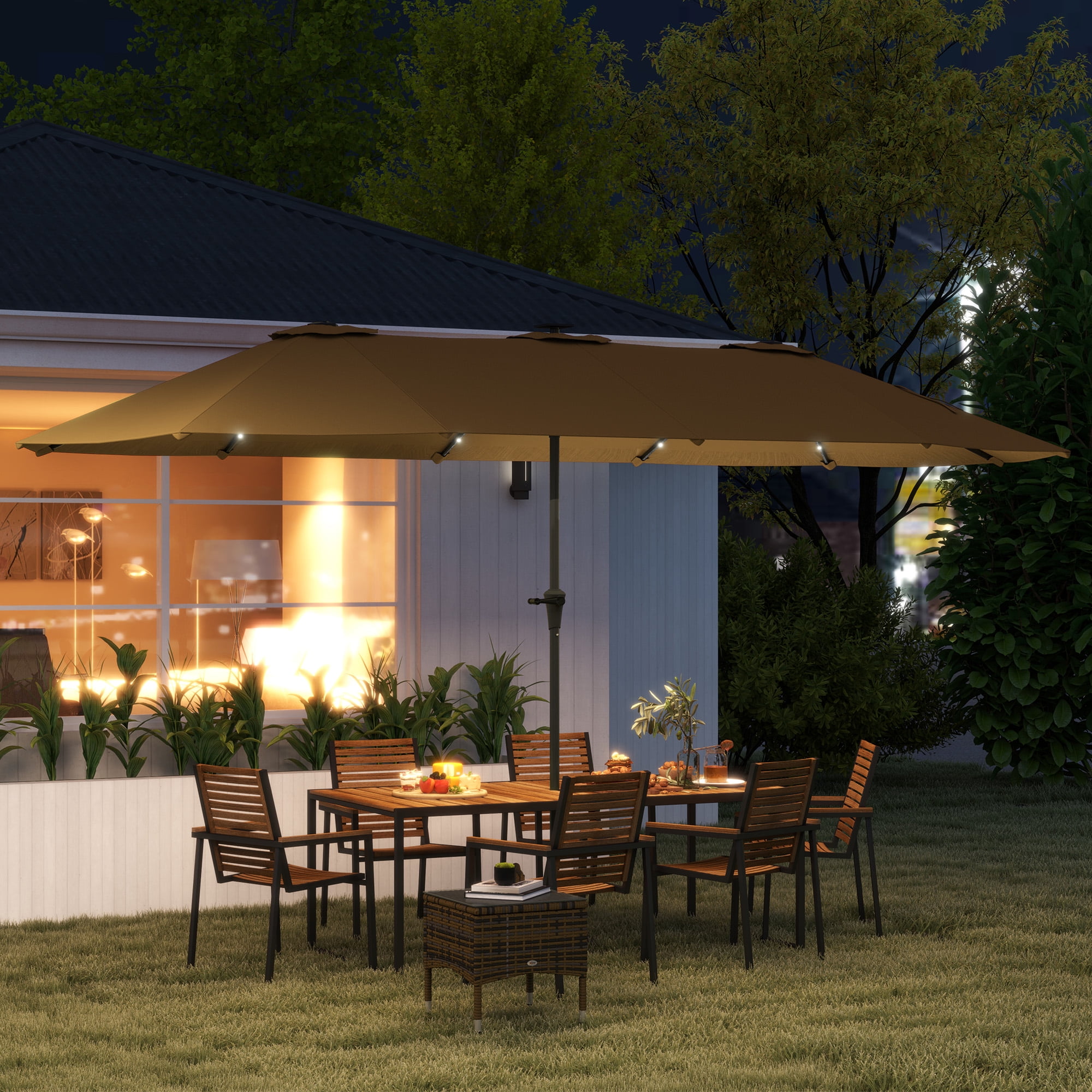 Outsunny 13' Large Patio Umbrella with Solar Lights, Double-Sided Outdoor Market Umbrella with Crank, 48 LED Lights for Garden, Pool, Yard, Khaki
