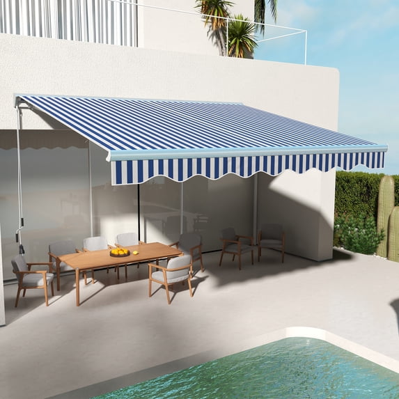 Outsunny 13' x 10' Blue and White Striped Motorized Retractable Patio Awning, LED Lights