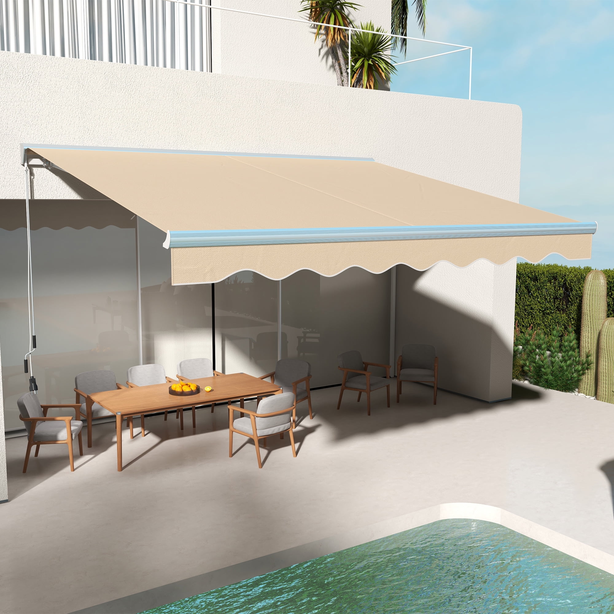 Cream White 13' x 10' Retractable Patio Awning with LED Lights