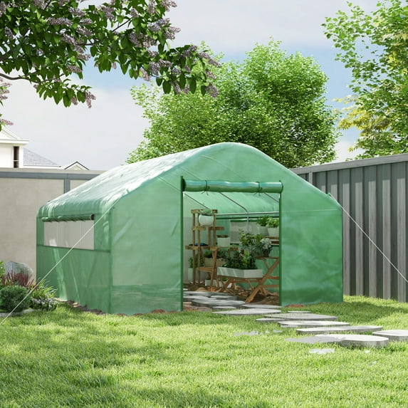 Outsunny 13' x 10' x 6.5' Hoop House Greenhouse with Large Windows, Large Walk-In Tunnel Green House with Upgraded Galvanized Steel Frame, Green