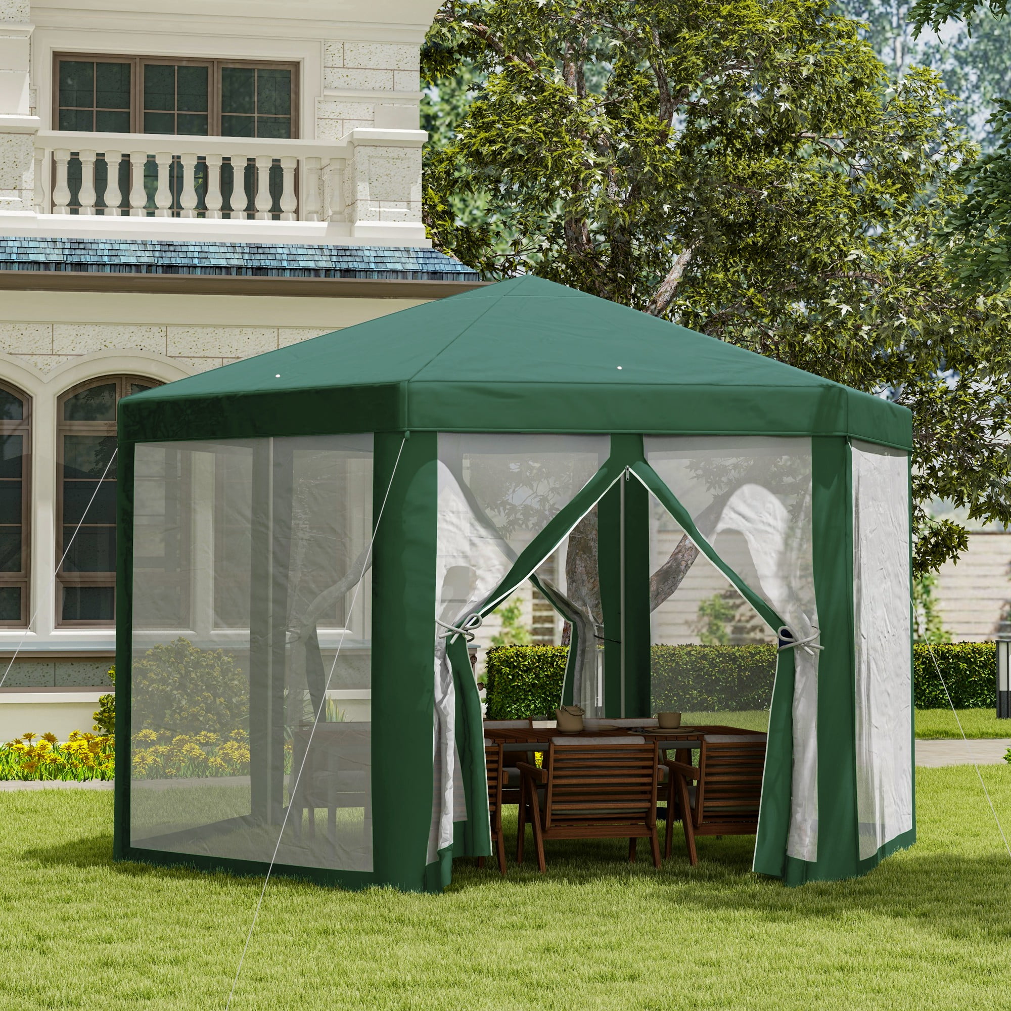 Green Hexagon Steel Frame Outdoor Gazebo with Mesh Screen