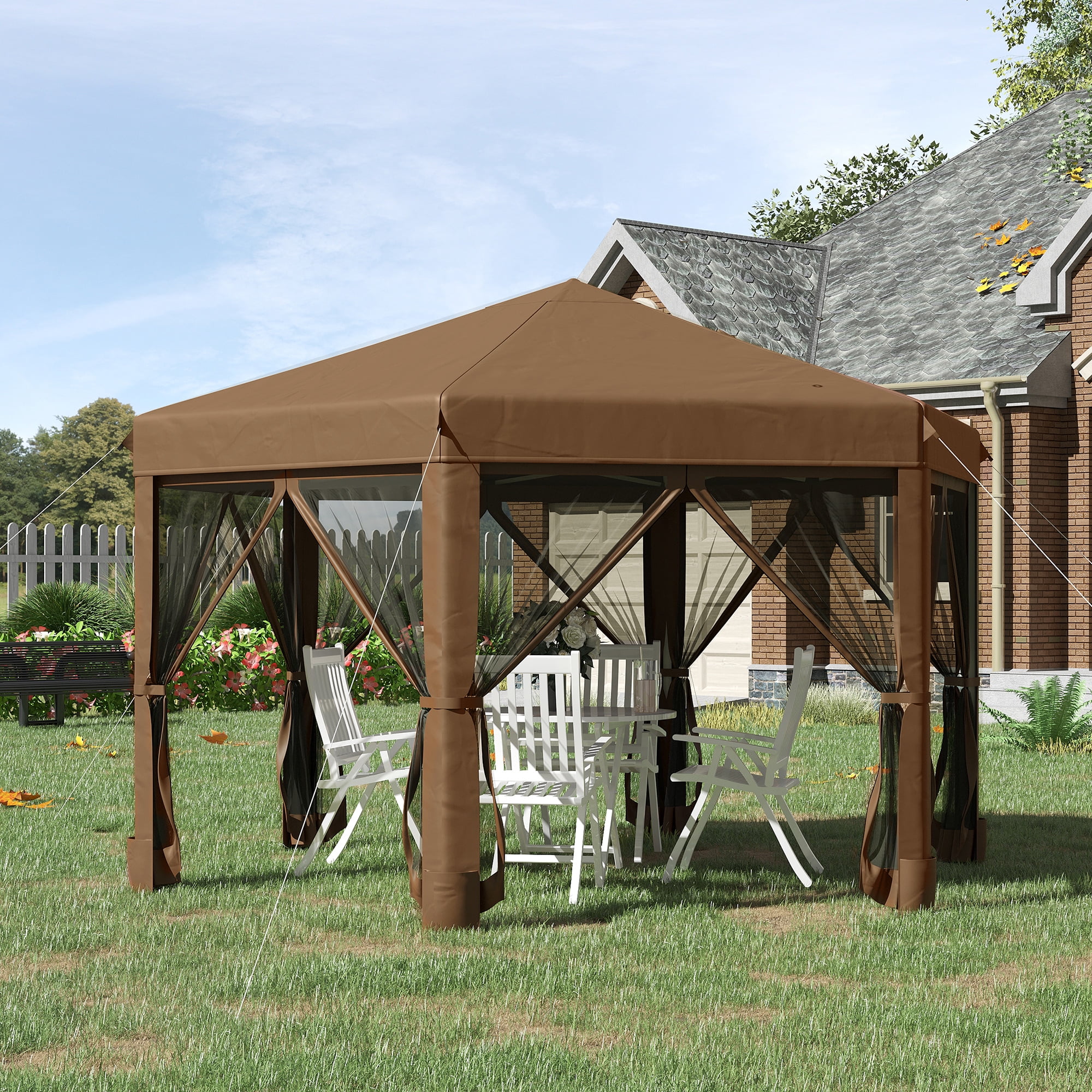 Dark Brown Hexagonal Pop-Up Canopy Tent with Mesh Sidewalls