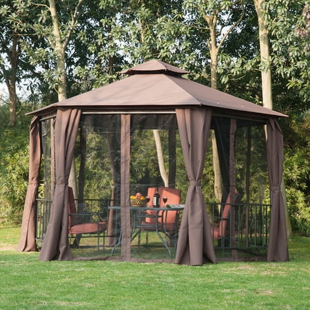 Outsunny 13' x 13' Patio Gazebo, Double Roof Hexagon Outdoor Gazebo Canopy Shelter with Netting & Curtains, Solid Steel Frame for Garden, Lawn, Backyard and Deck, Coffee