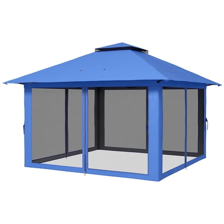 Outsunny 13' x 13' Pop Up Gazebo Canopy Tent, Blue 2-Tier Steel Frame Shelter with Mesh Walls, Weight Bags & Carry Bag for Garden, Patio, Camping and Outdoor Events