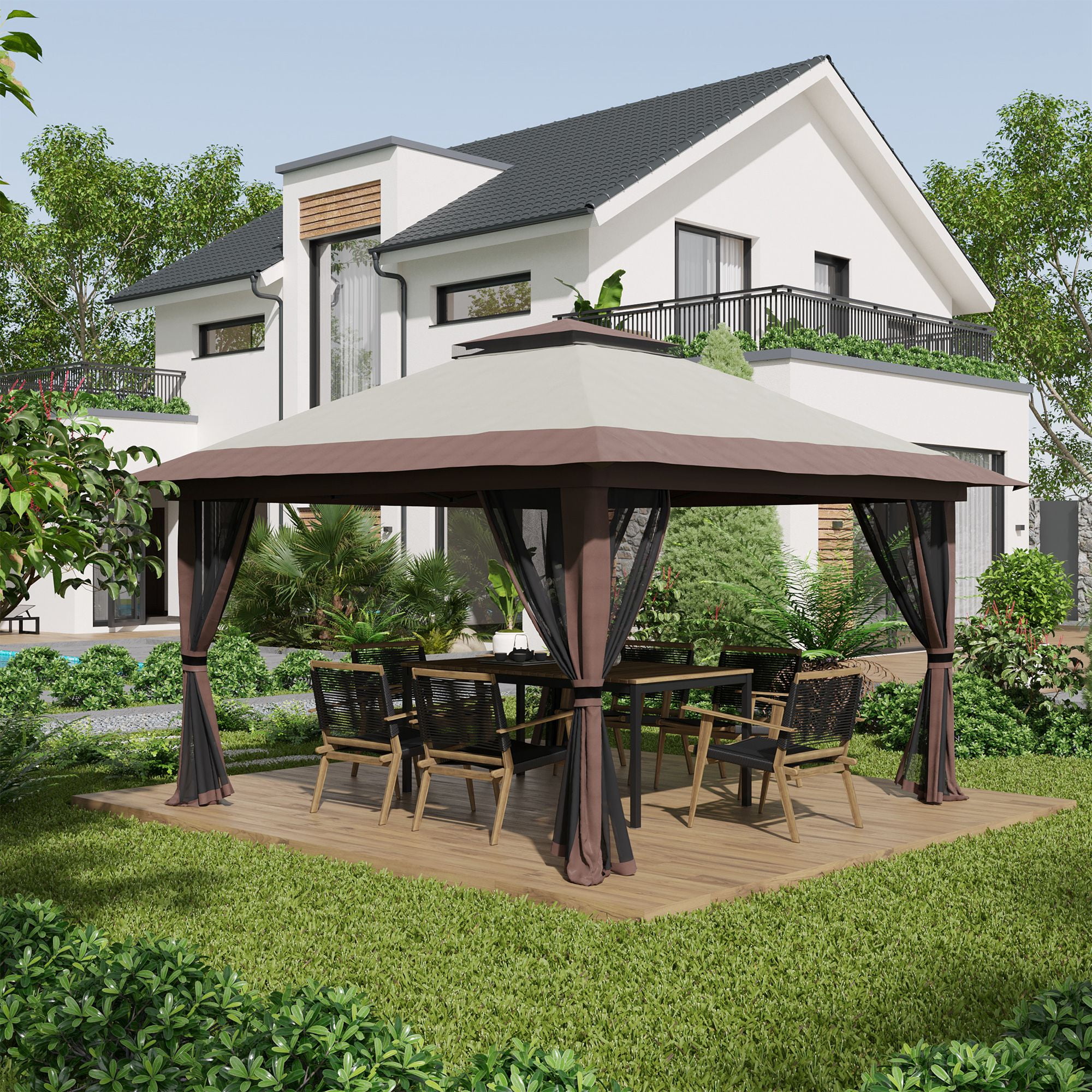 Beige and Brown Pop Up Canopy Gazebo Tent with Netting