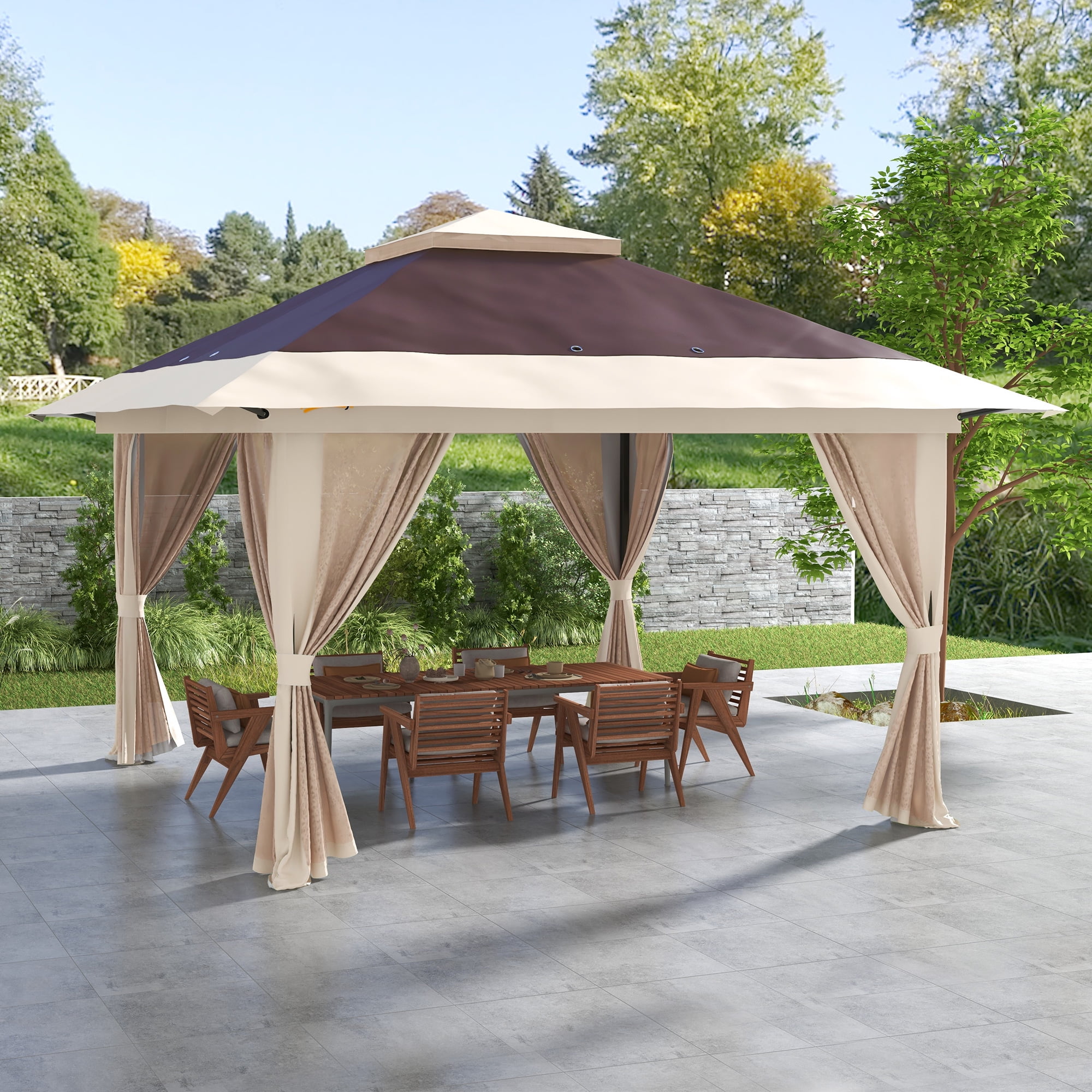 Brown and Beige Steel Pop-Up Gazebo with Mesh Walls