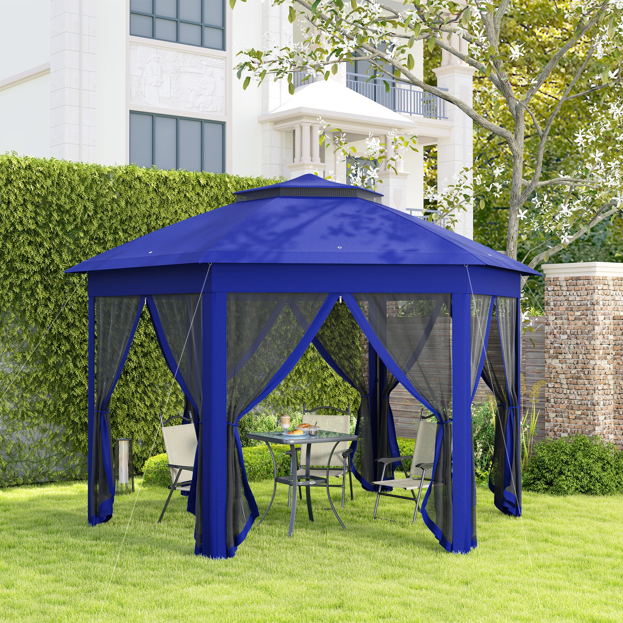 Dark Blue Steel Frame Hexagonal Pop-Up Gazebo with Mesh Netting