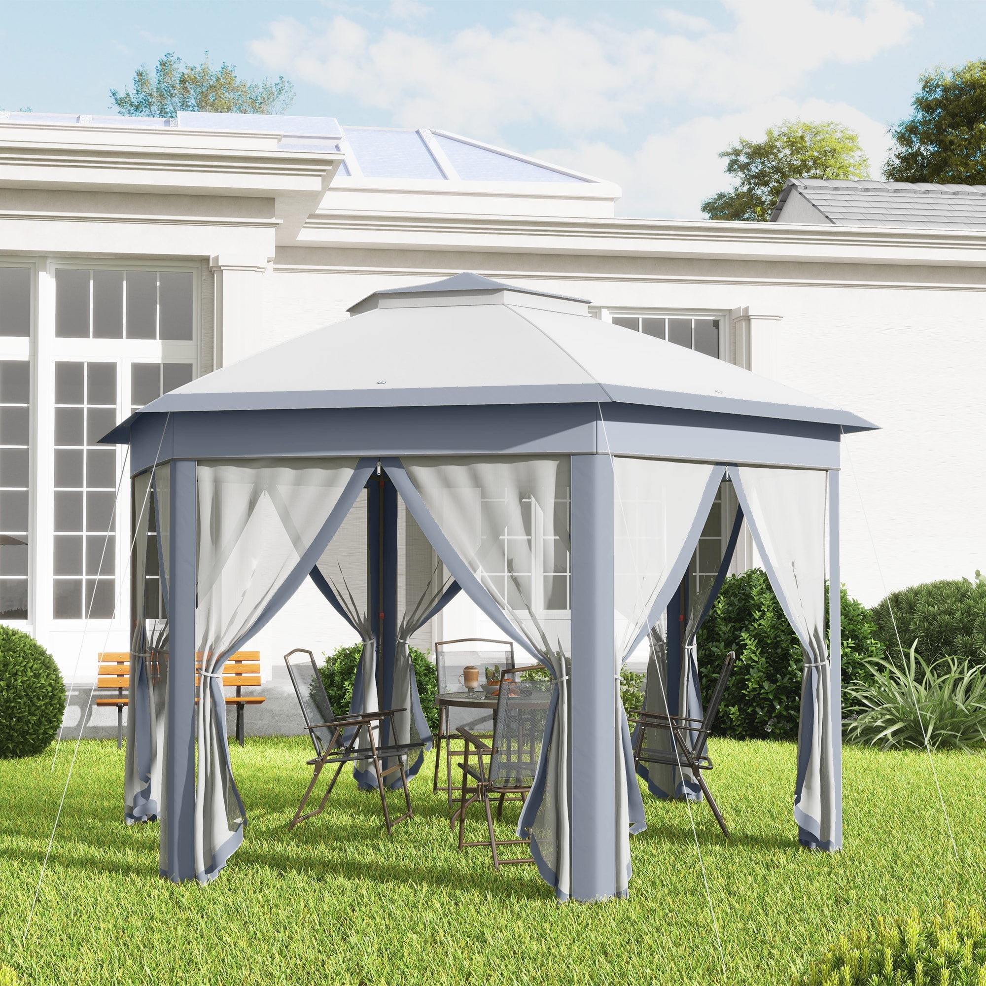 Outsunny 13' x 13' Pop Up Gazebo Hexagonal Canopy with 6 Zippered Mesh Netting, 2-Tier Roof Event Tent with Steel Frame for Patio Backyard, Gray