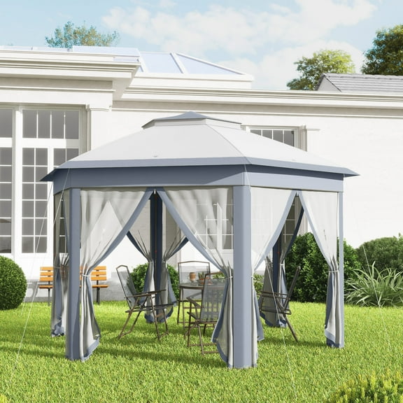 Outsunny 13' x 13' Pop Up Gazebo Hexagonal Canopy with 6 Zippered Mesh Netting, 2-Tier Roof Event Tent with Steel Frame for Patio Backyard, Gray