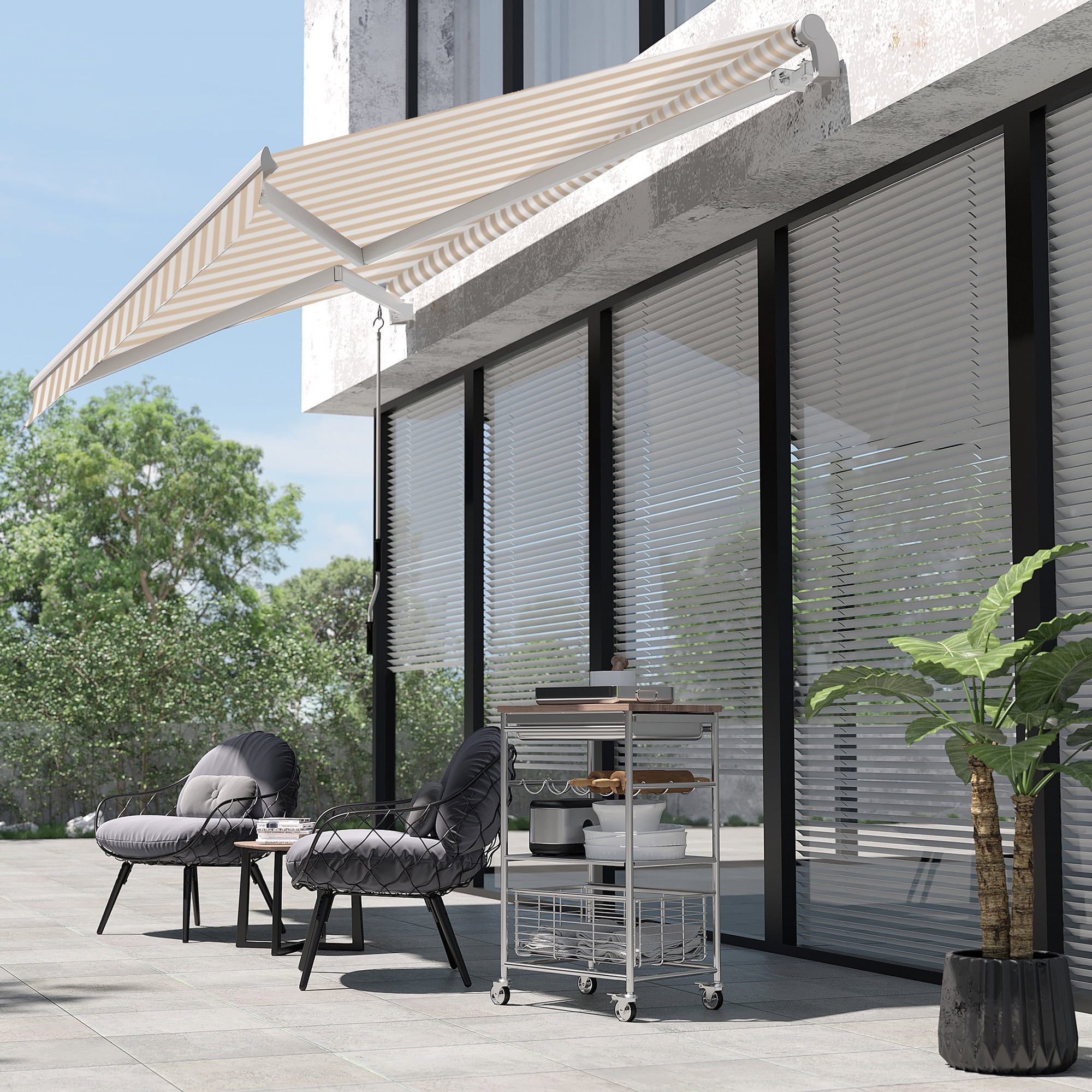 Beige Striped Aluminum Manual Retractable Patio Awning