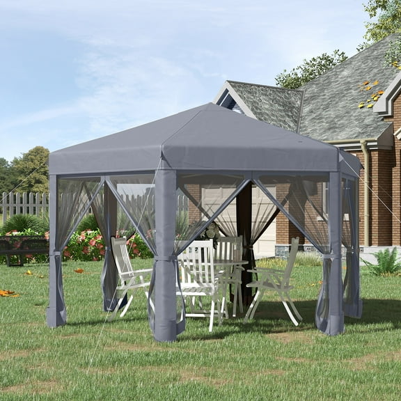 Outsunny 13ft x 11ft Gray Hexagonal Pop Up Outdoor Canopy, 6 Mesh Sidewall