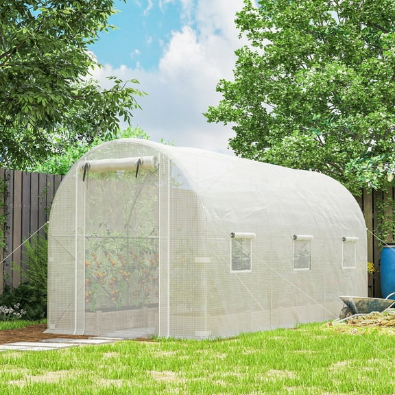 Outsunny 14.6'x6.5'x6.6' Hoop House Greenhouse with 2 Support Rods, Zippered Roll-up Mesh Door, Walk-in Tunnel Greenhouse with PE Cover, White