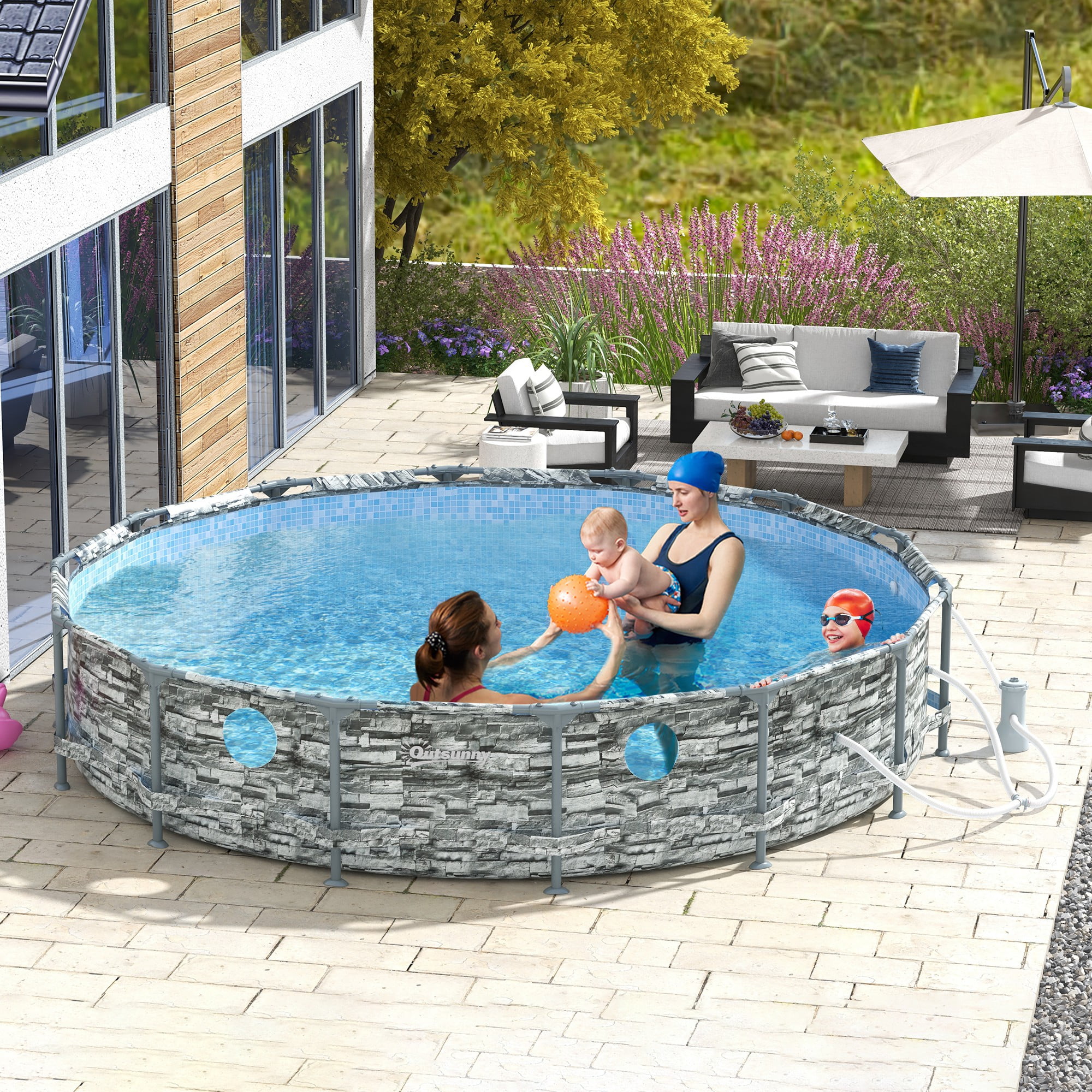 Outsunny 14' Gray Steel Frame Round Pool with Filter Pump