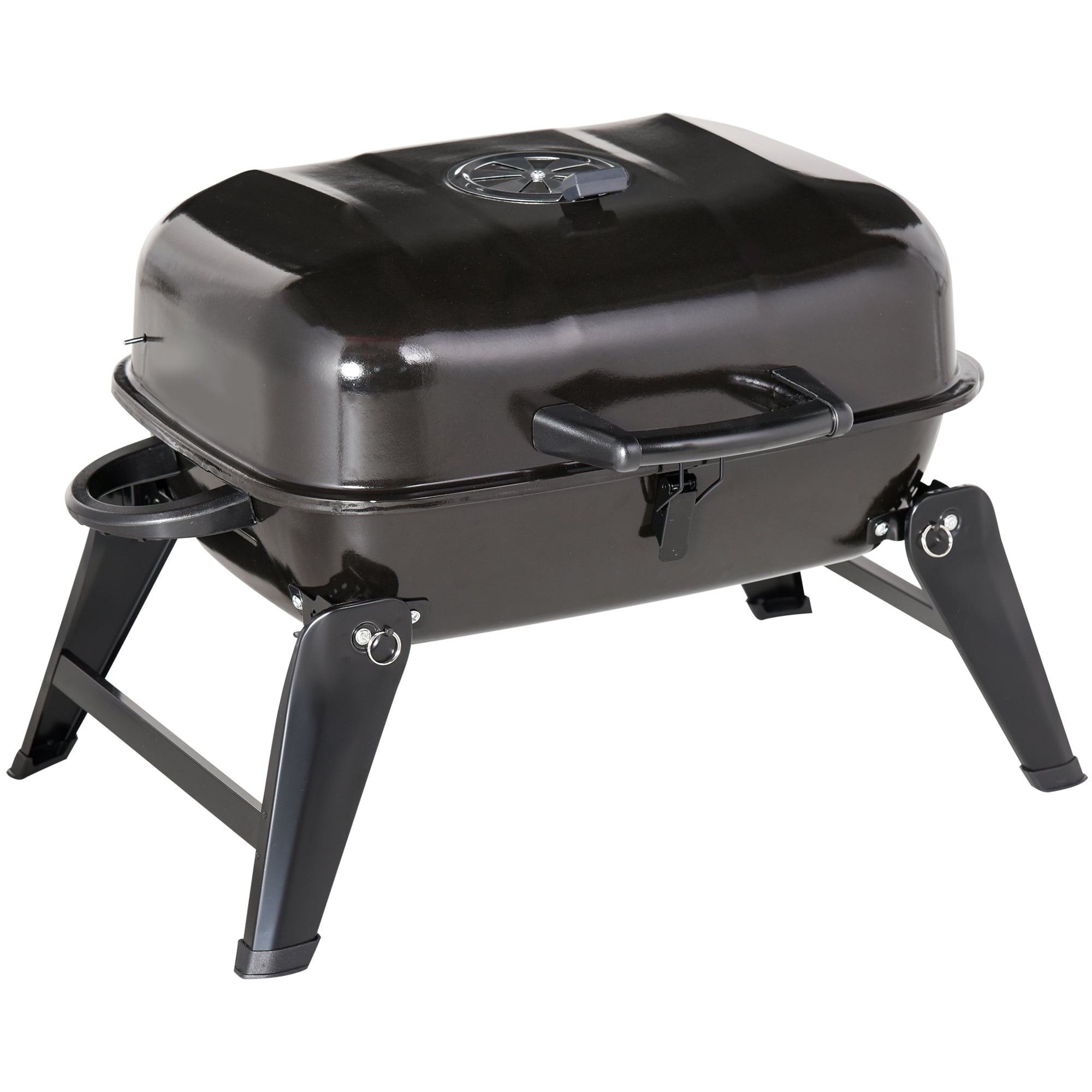 Outsunny 14" Portable Charcoal Grill,Tabletop Small Bbq Grill for Outdoor Cooking,Camping,Tailgating,Enamel Coated,Vent,Folding Legs,Black,Black Iron Garden Outdoor Bbq Grills Utensils