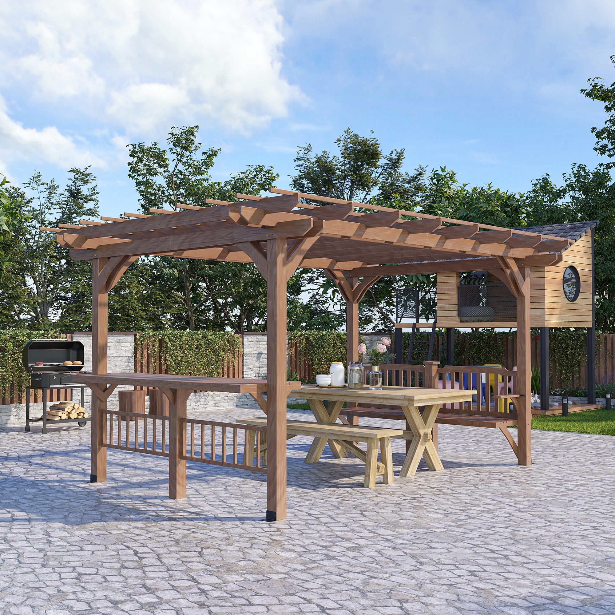Outsunny 14' x 10' Wood Pergola Grill Gazebo with Bar Counters