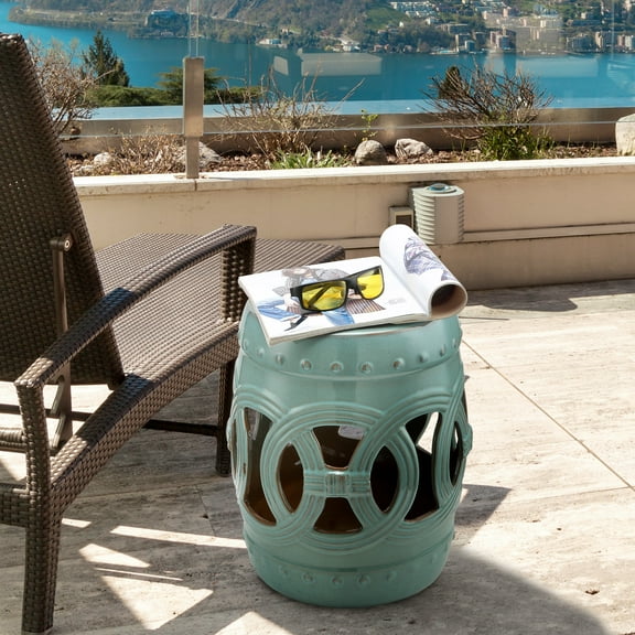 Outsunny 14" x 17" Ceramic Garden Stool with Double-Coin Knotted Ring Design & Strong Glazed Material, Antique Blue