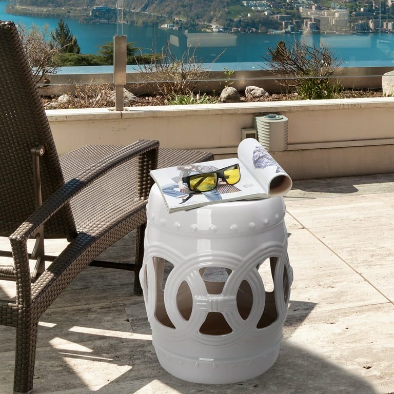 Outsunny 14 x 17 Ceramic Side Table Garden Stool with Knotted Ring Design Glazed Strong Materials White