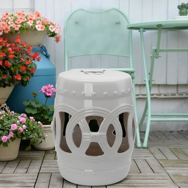 Outsunny 14" x 17" Ceramic Garden Stool with Double-Coin Knotted Ring Design & Strong Glazed Material, White