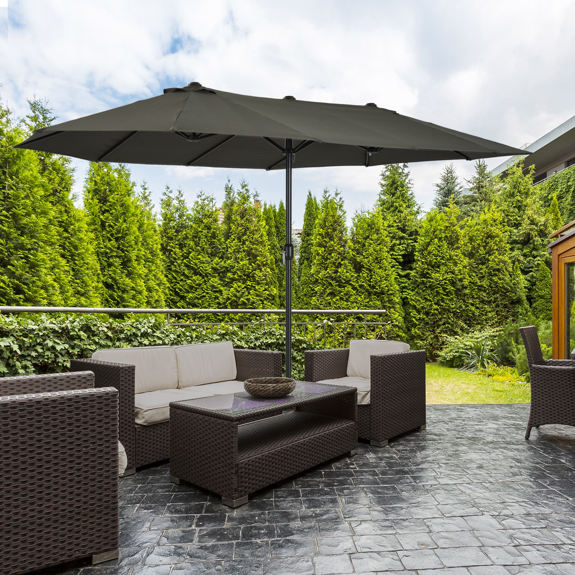 Gray Double-Sided Steel 15ft Patio Umbrella with Crank Handle