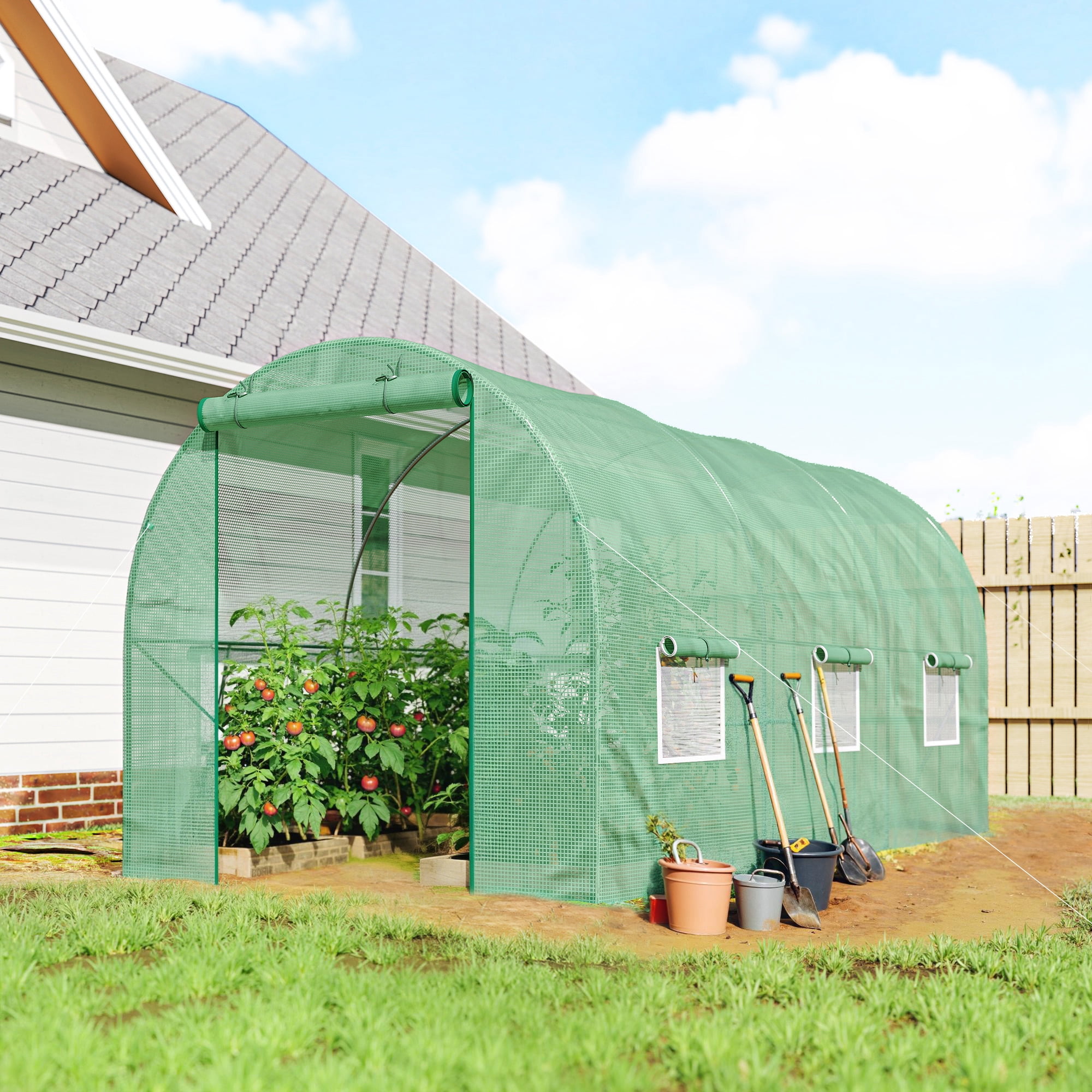 Outsunny 15' x 6' x 7' Walk-in Tunnel Greenhouse Garden Plant Growing House with Door and Ventilation Window, Green