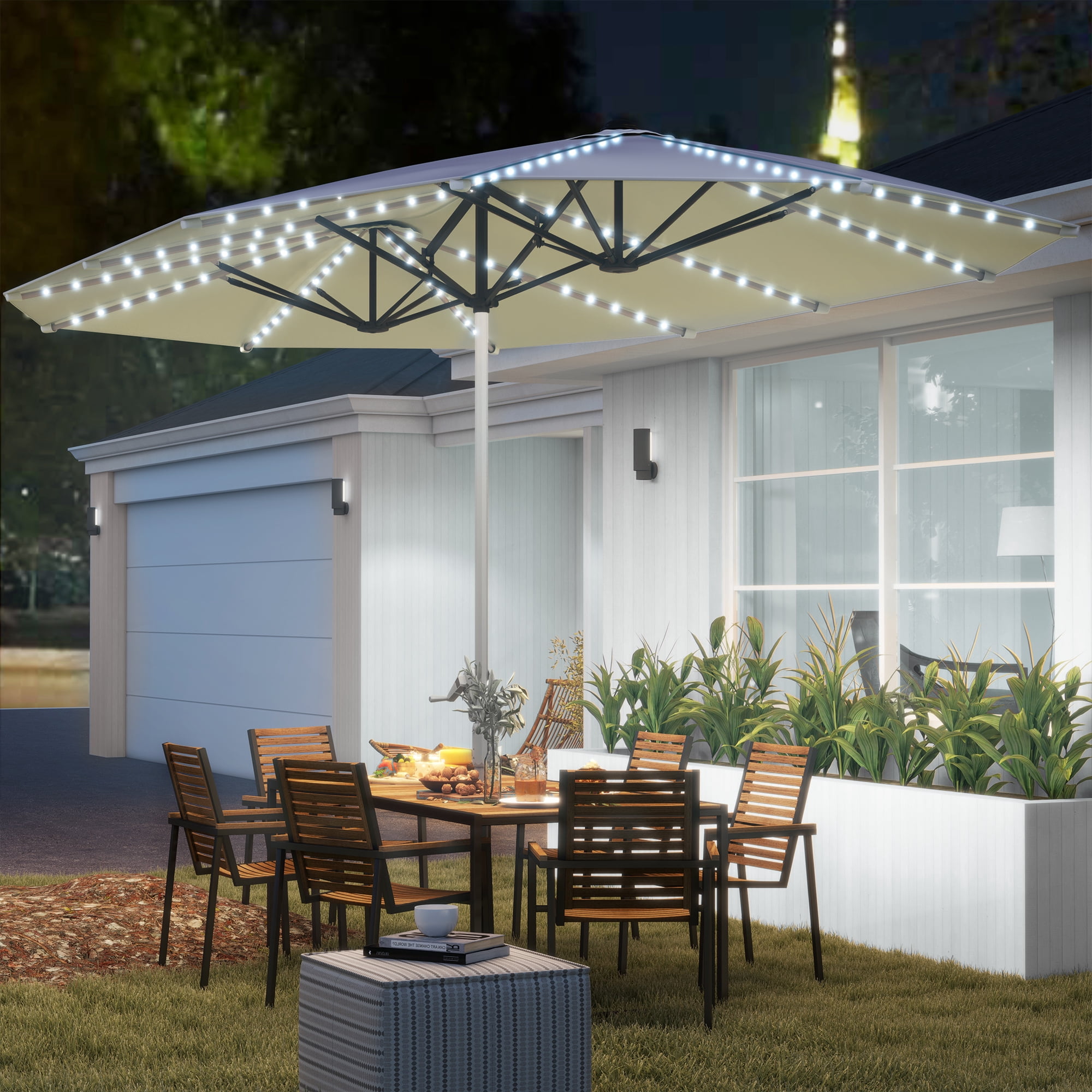 Outsunny 15ft Extra Large Patio Umbrella with Solar Lights, Aluminum ...