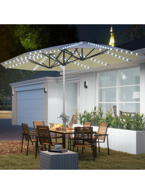 15ft Extra Large Patio Umbrella with Solar Lights, Aluminum UPF50+ Double-Sided Outdoor Table Umbrella for Backyard Deck Pool, Cream White