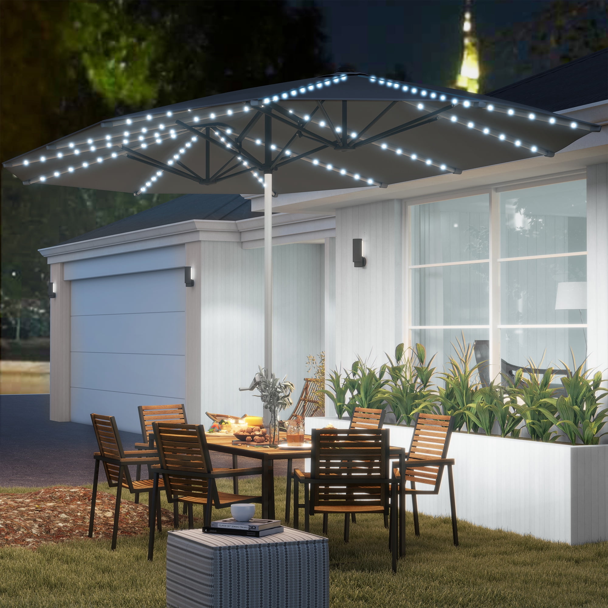 Outsunny 15ft Extra Large Patio Umbrella with Solar Lights, Aluminum UPF50+ Double-Sided Outdoor Table Umbrella for Backyard Deck Pool, Dark Gray