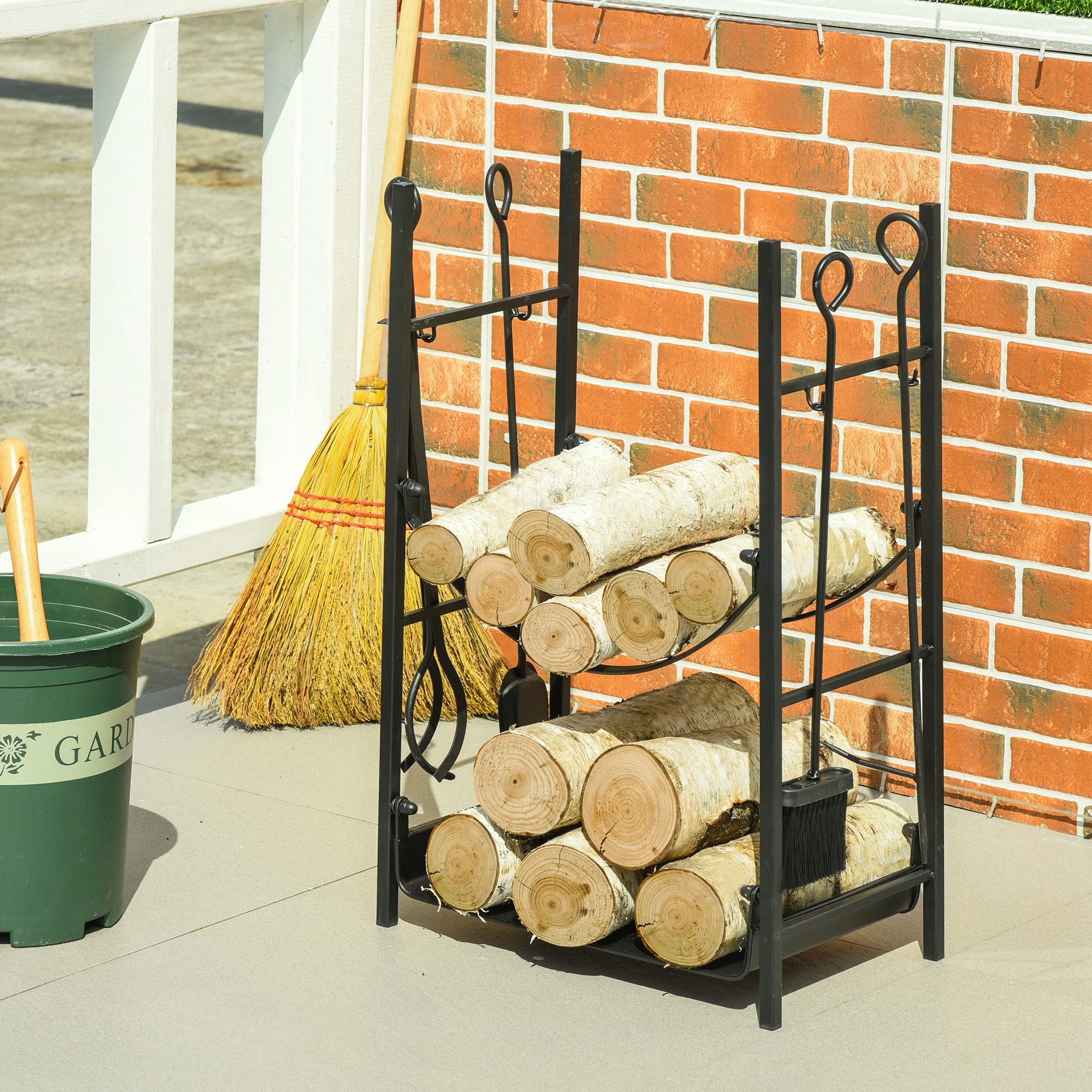 Black Powder-Coated Steel 2-Tier Firewood Storage Rack with Tools