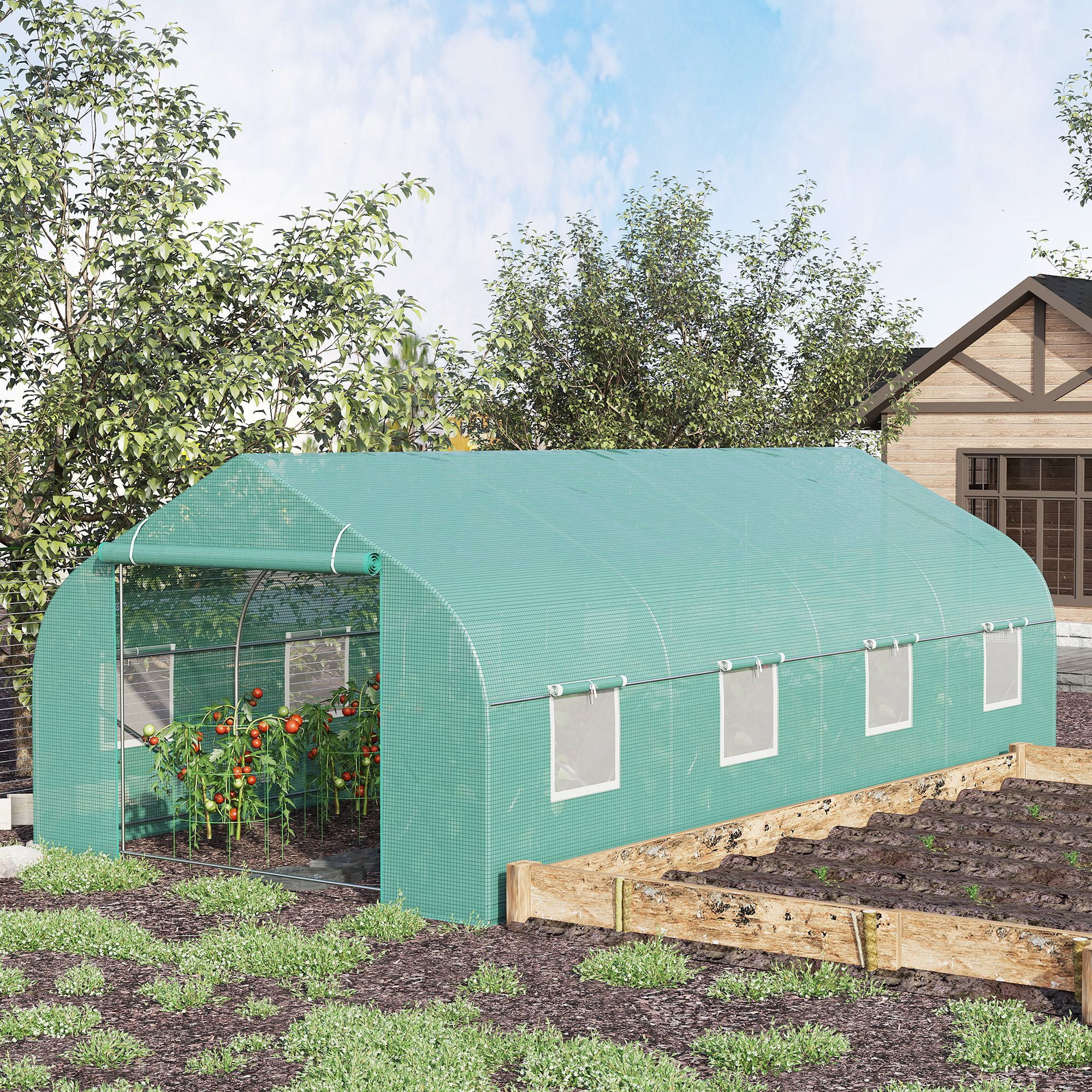 Outsunny 19.5' x 10' x 7' Outdoor Walk-In Tunnel Greenhouse Hot House with Roll-up Windows, Zippered Door, PE Cover, Green
