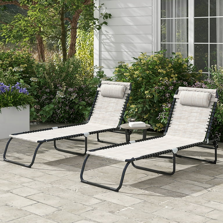 2 Folding Chaise Lounge Pool Chairs with 4 Position Reclining Back Pillow Breathable Mesh Bungee Seat Cream White