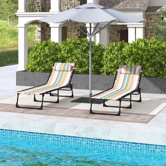 Outsunny 2 Folding Chaise Lounge Pool Chairs with 4-Position Reclining Back, Pillow, Breathable Mesh & Bungee Seat, Rainbow Striped