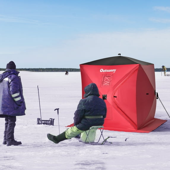 Outsunny 2 Person Ice Fishing Shelter, Pop-Up Portable Ice Fishing Tent with Carry Bag, Door, Windows & Anchors, Red