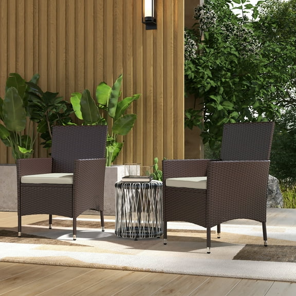 Outsunny 2 PCS Rattan Wicker Dining Chairs with Cushions and Anti-Slip Foot, Patio Stackable Chairs Set for Backyard, Garden, Lawn, Dark Coffee