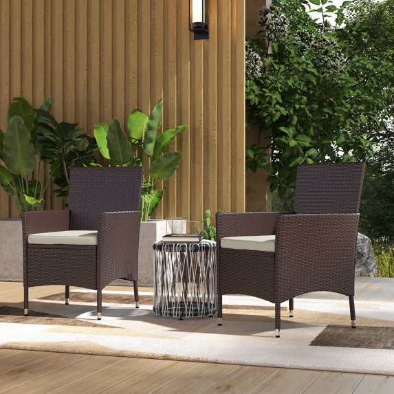 Outsunny 2 PCS Rattan Wicker Dining Chairs with Cushions and Anti-Slip Foot, Patio Stackable Chairs Set for Backyard, Garden, Lawn, Dark Coffee