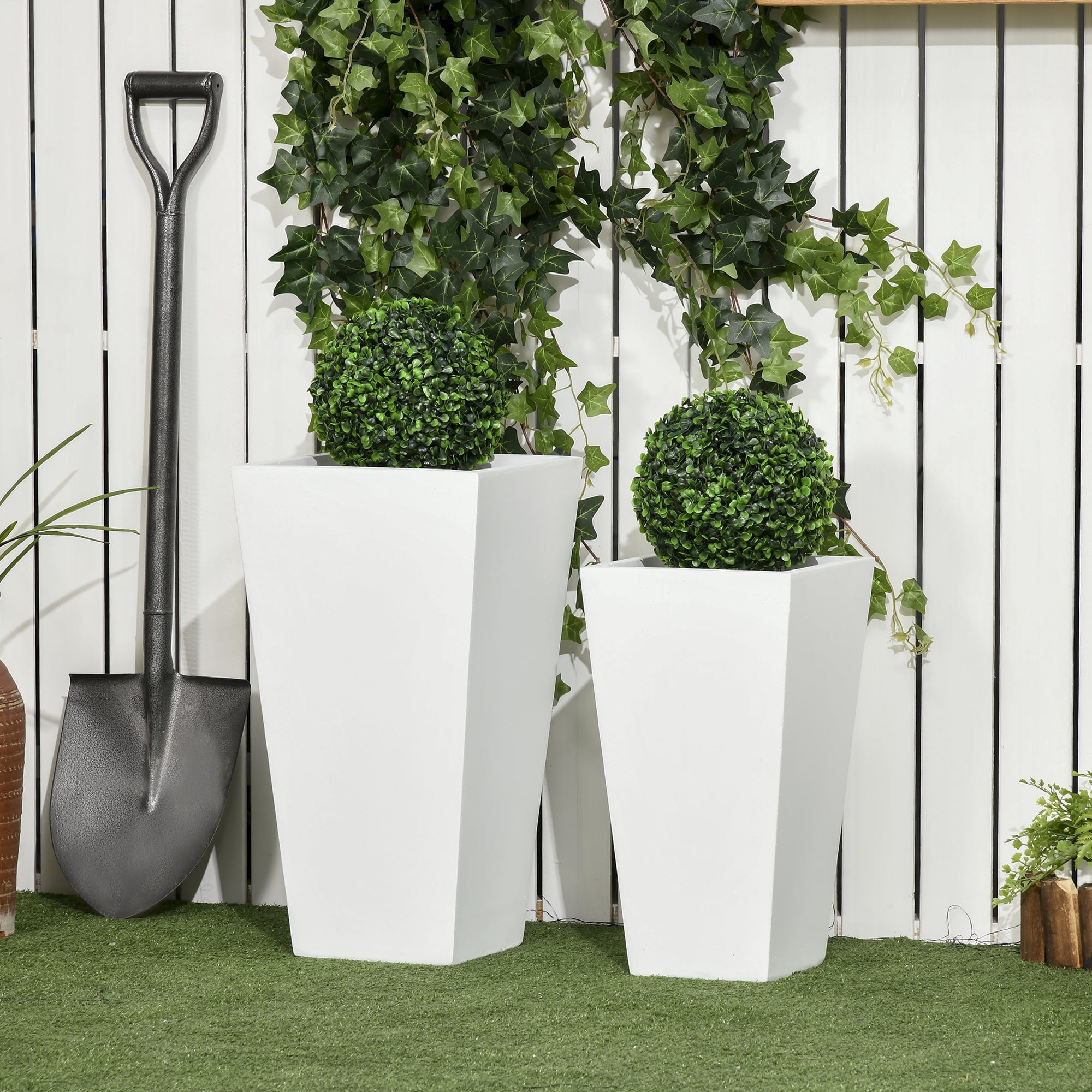 White MgO Tall Outdoor Planters with Drainage Holes, Set of 2