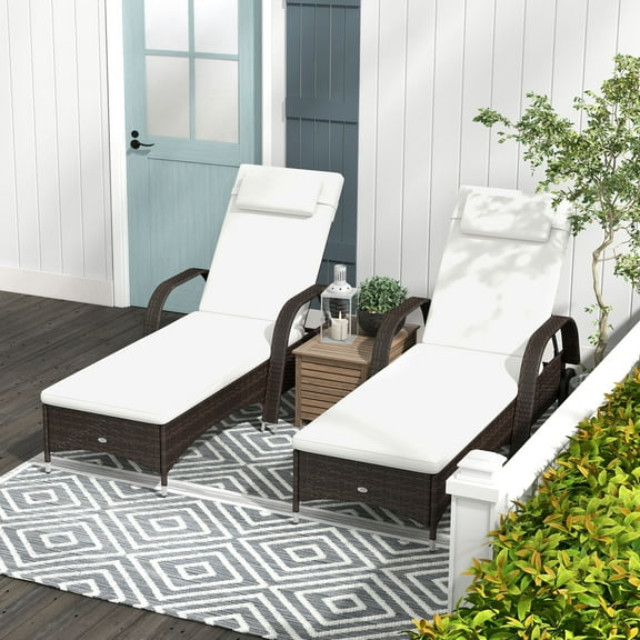 Outsunny 2 Patio Wicker Chaise Lounges, PE Rattan Outdoor Lounge Chairs with Cushion, Pillow, Height Adjustable Backrests & Wheels, Cream White
