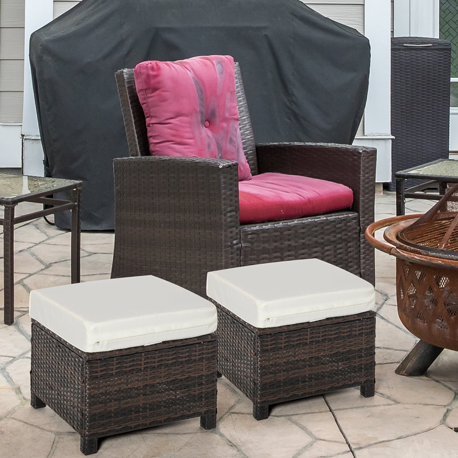Outsunny 2 Pc 20" Outdoor PE Rattan Wicker Ottoman, Fade-Resistant ...