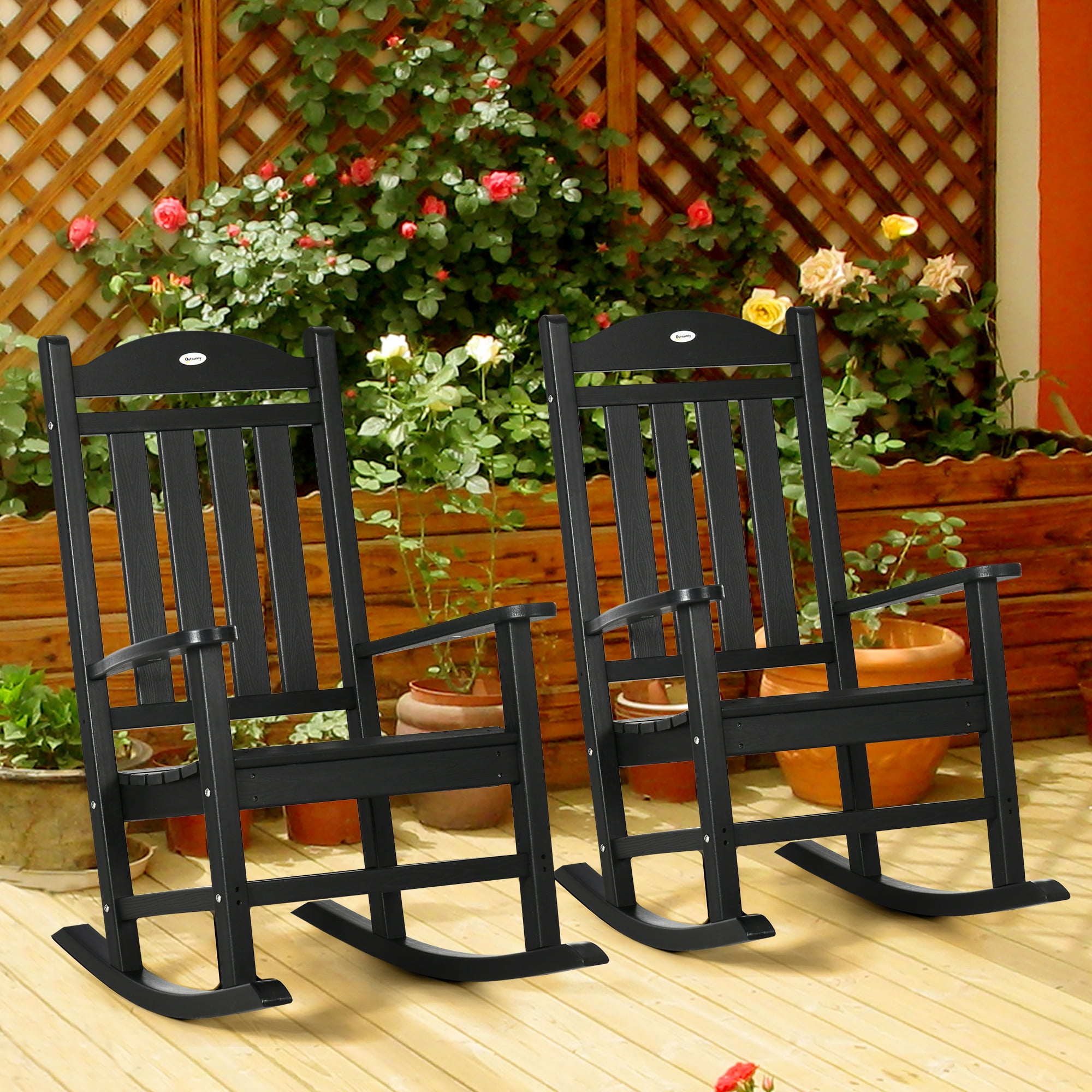 Outsunny 2 Pc Rocking Chairs, HDPE Slatted Design Porch Rocker, Black ...