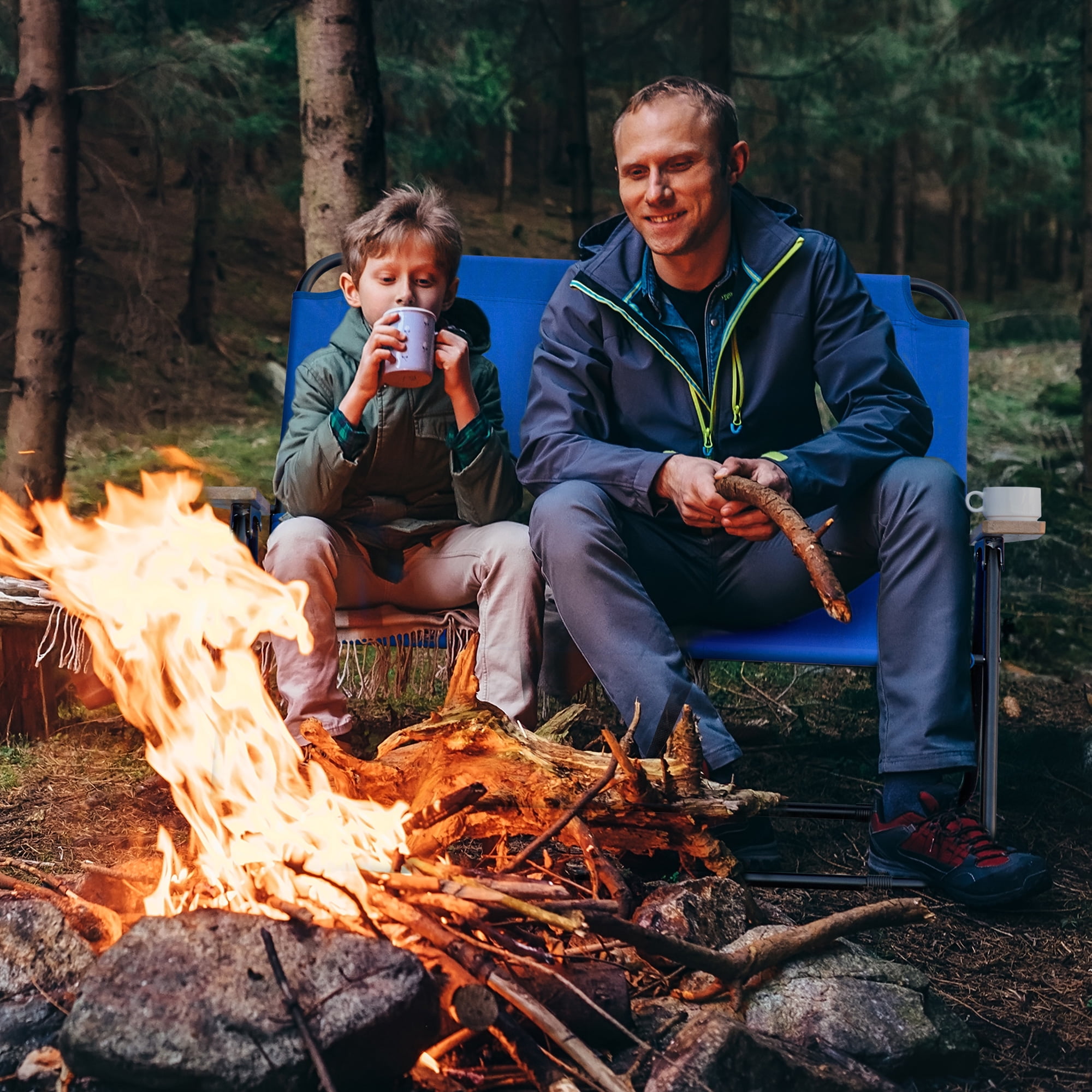 Blue Folding Double Camping Chair with Wood Armrests