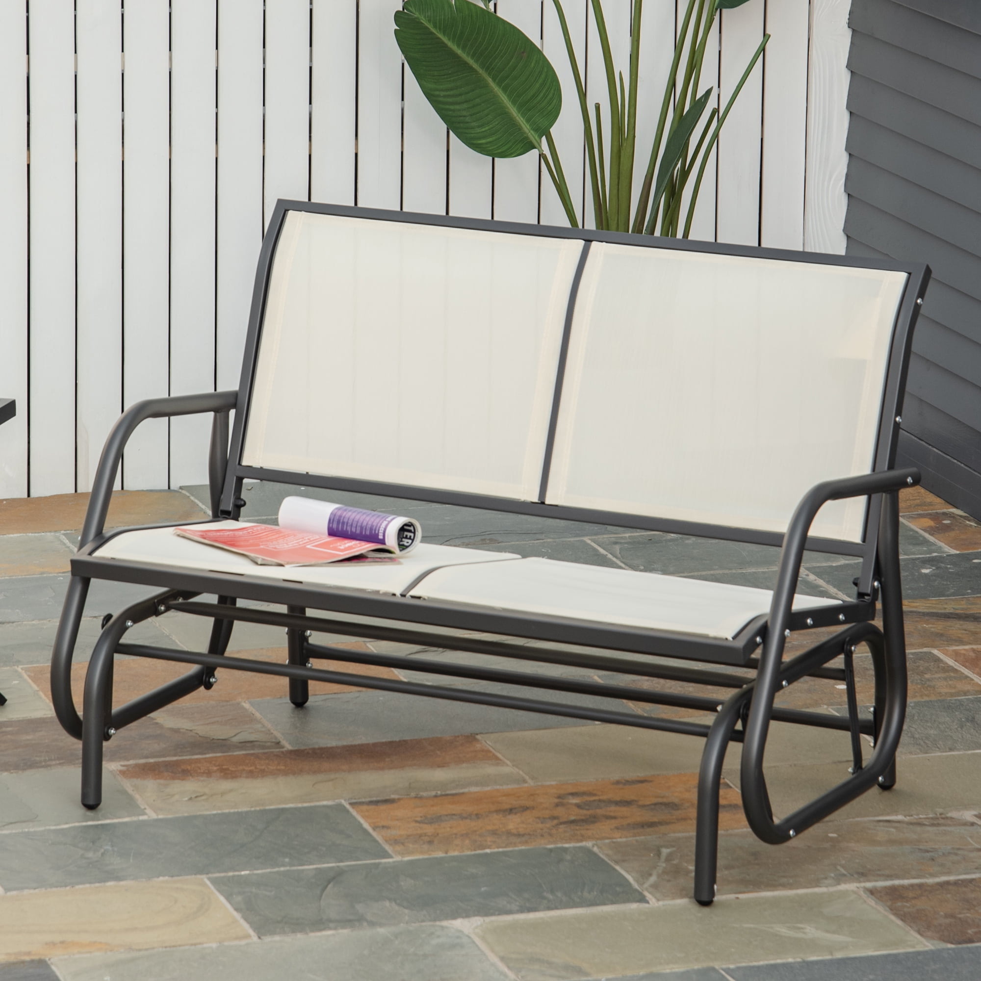 Beige Mesh and Steel Outdoor Glider Bench Loveseat