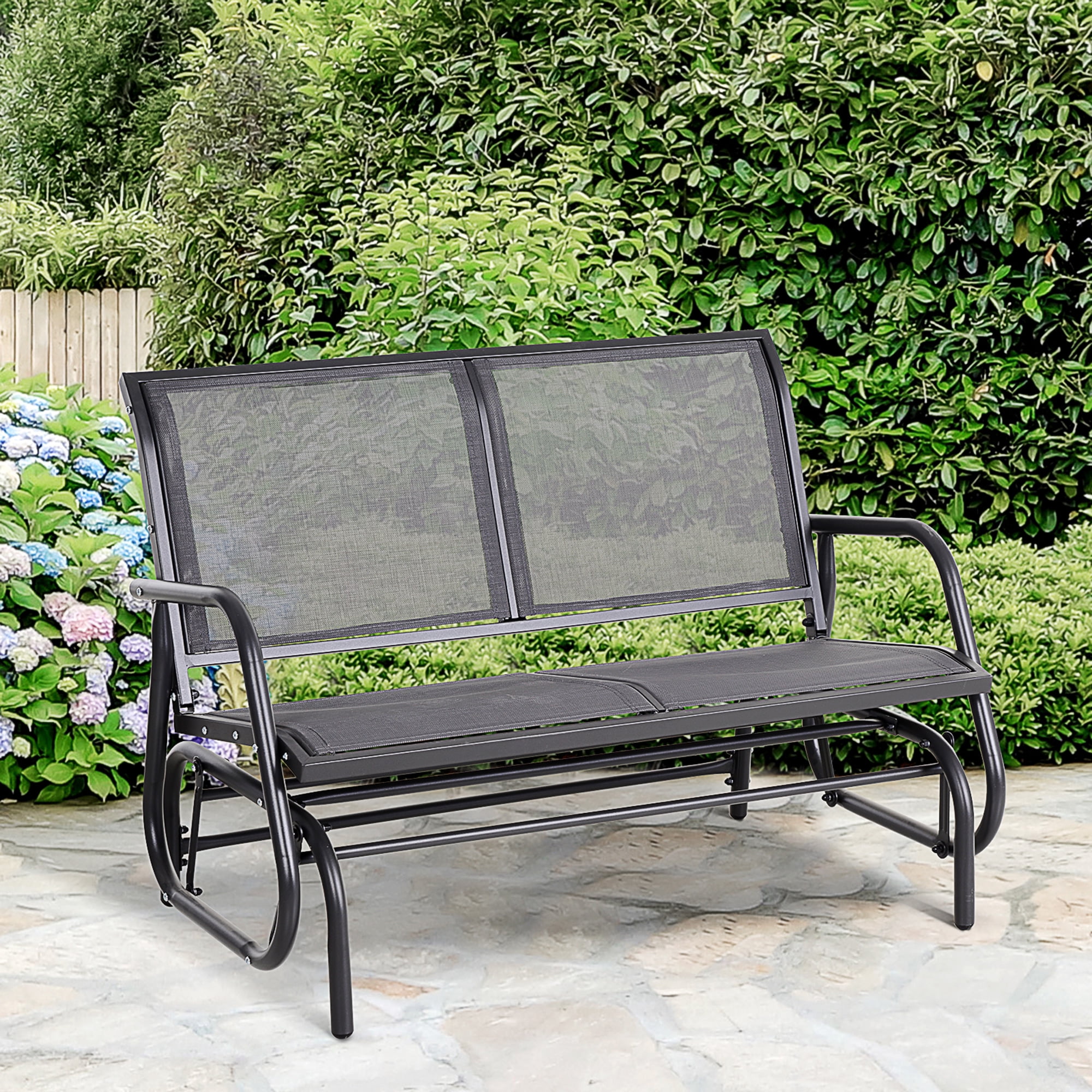 Gray Mesh Outdoor Glider Bench with Powder Coated Steel Frame