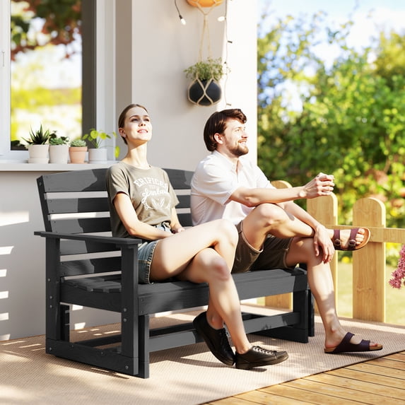 Outsunny 2-Person Outdoor Glider Bench Patio Double Swing Rocking Chair Loveseat w/ Slatted HDPE Frame for Backyard Garden Porch, Distressed Black